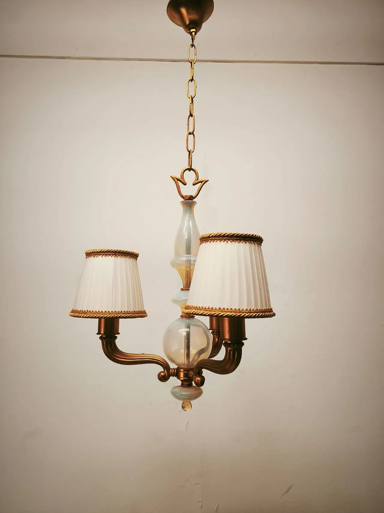 Brass and Murano glass chandelier with silk lampshades, 1950s 19