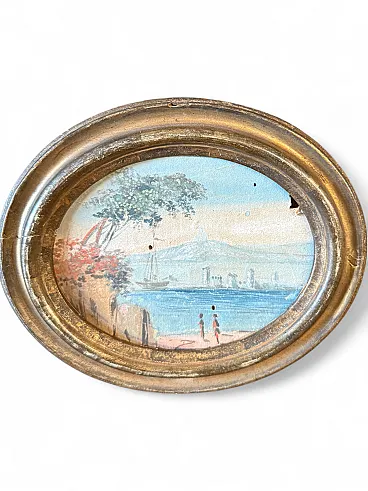 Painting on oval paper depicting seascape,  17th century
