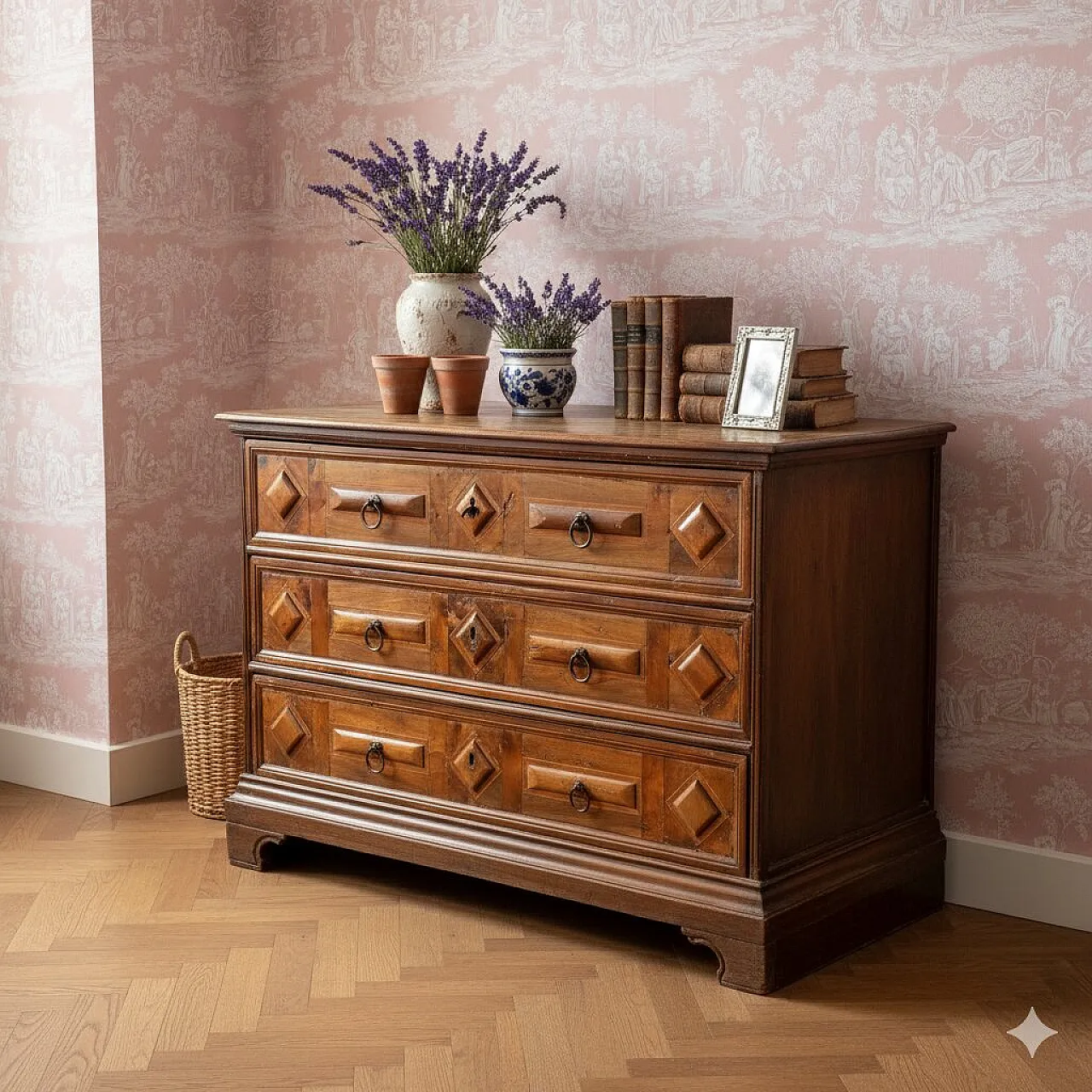 Cassettone barocco in noce, olivo, acero e mogano, primo '700 2