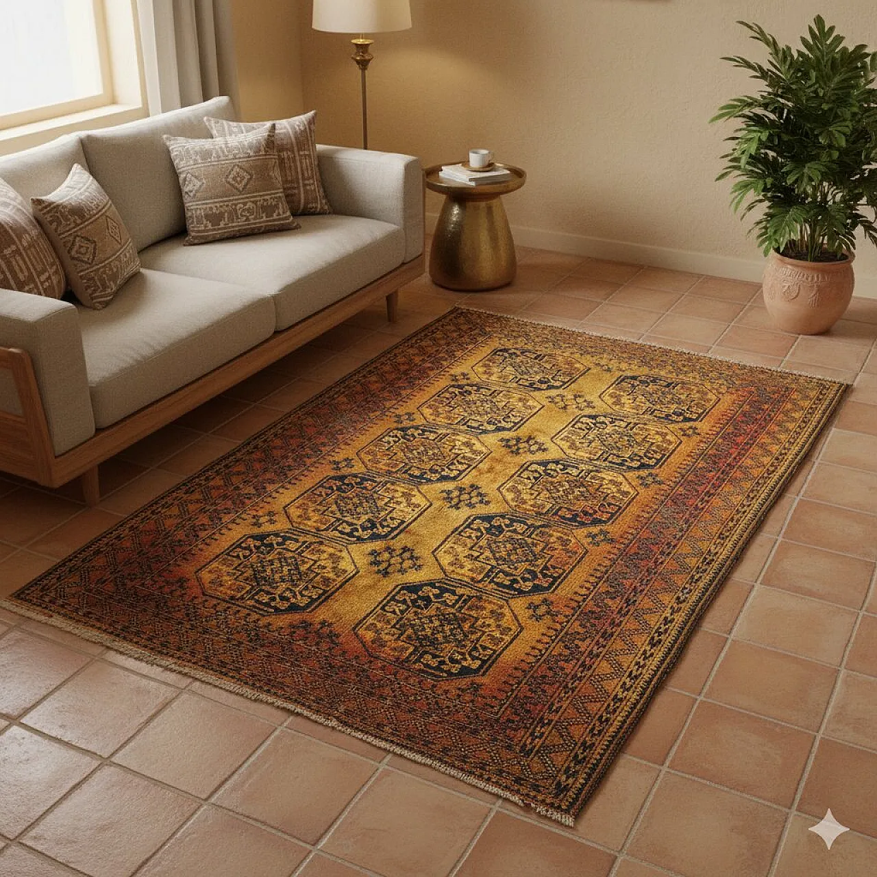 Tappeto Bukhara in cotone e lana, nodo grosso, realizzato a mano, '900 2