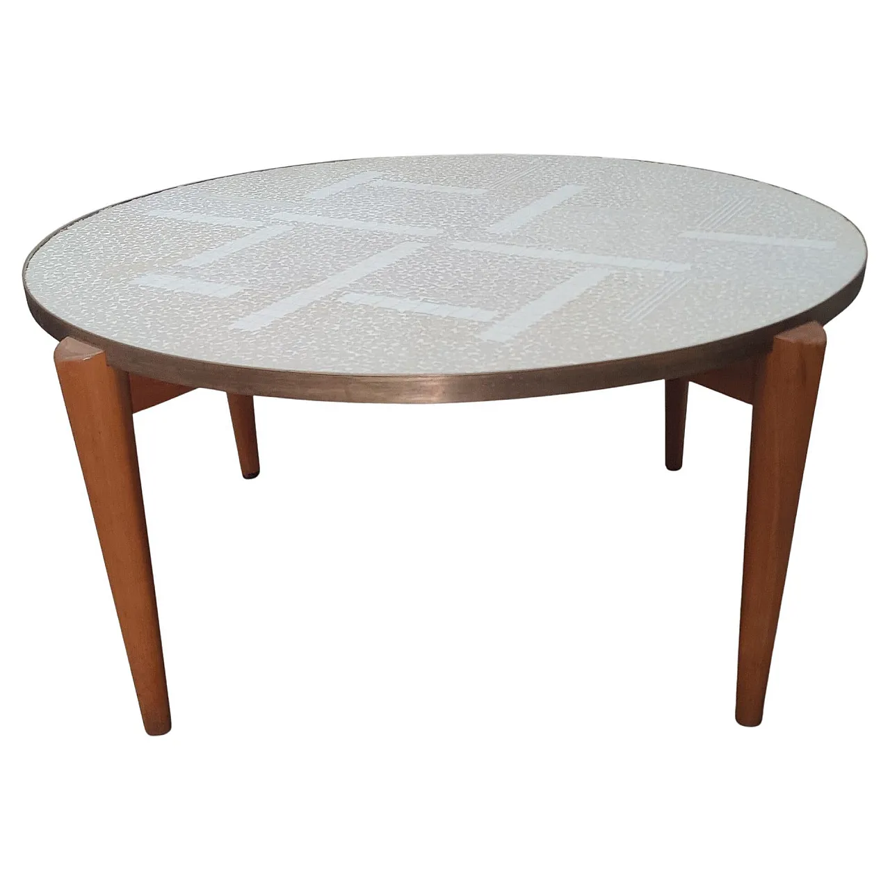 Round geometric smoking table white marble mosaic top, 20th century 1
