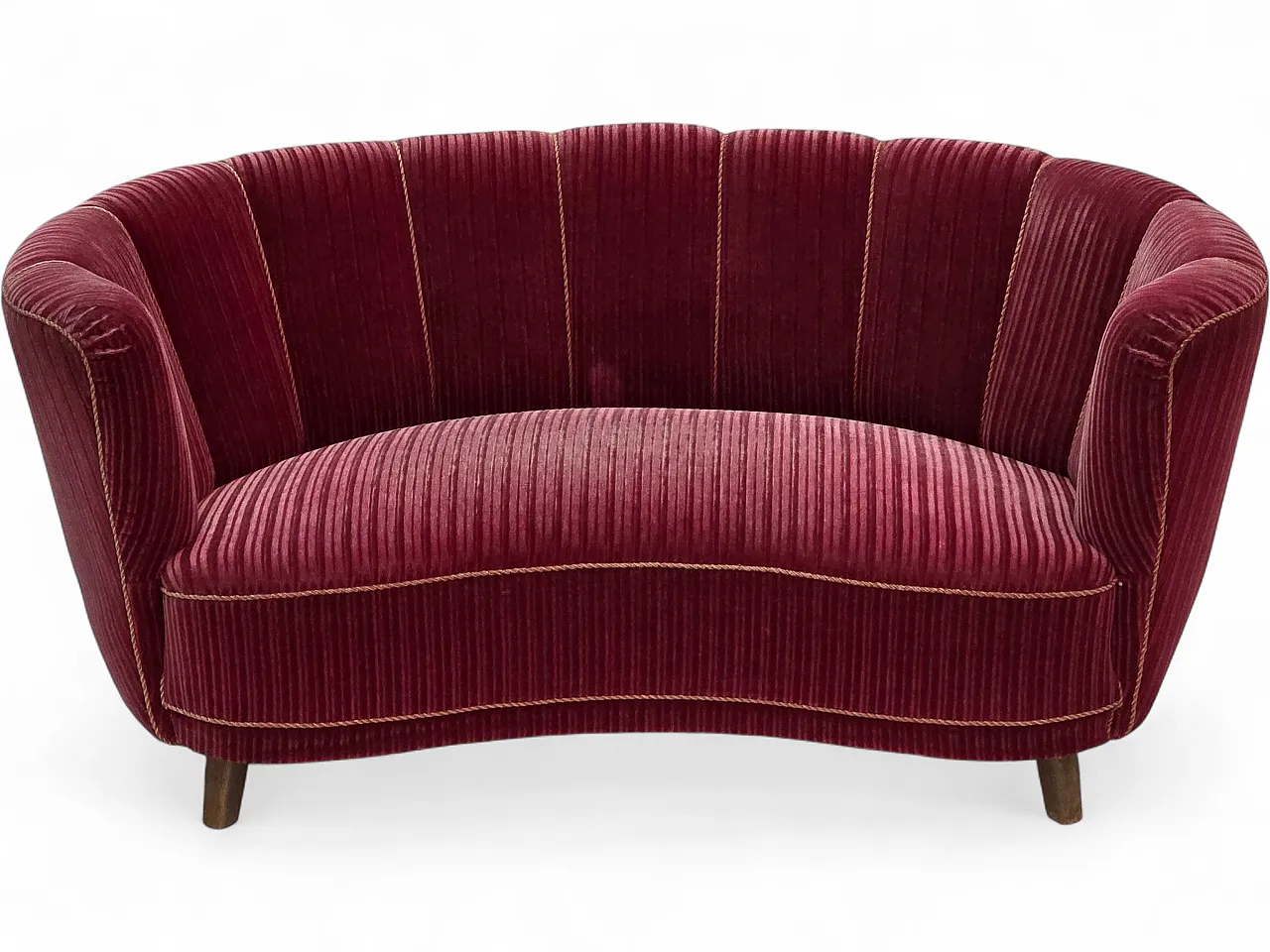 Danish 2-seater Banana sofa, red velour, oak wood, 1960s 15