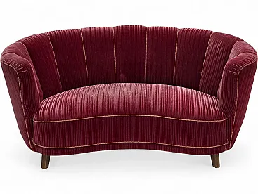 Danish 2-seater Banana sofa, red velour, oak wood, 1960s