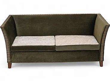 Danish 2-seater sofa, green velour, oak wood, 1970s
