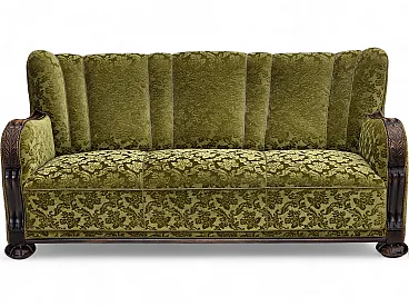 Danish 3-seater sofa, velour, carved oak wood, 1960s