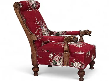 Danish armchair, cotton fabric, carved oak wood, 30s