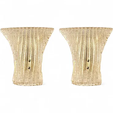 Coppia di applique in vetro di Murano rigato color ambra e oro