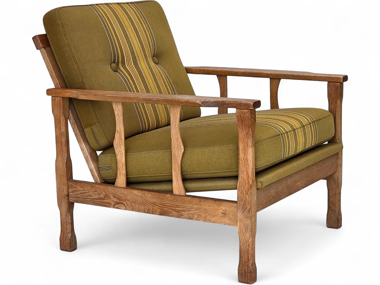 Poltrona danese, lana, legno massello di rovere, anni '70 22