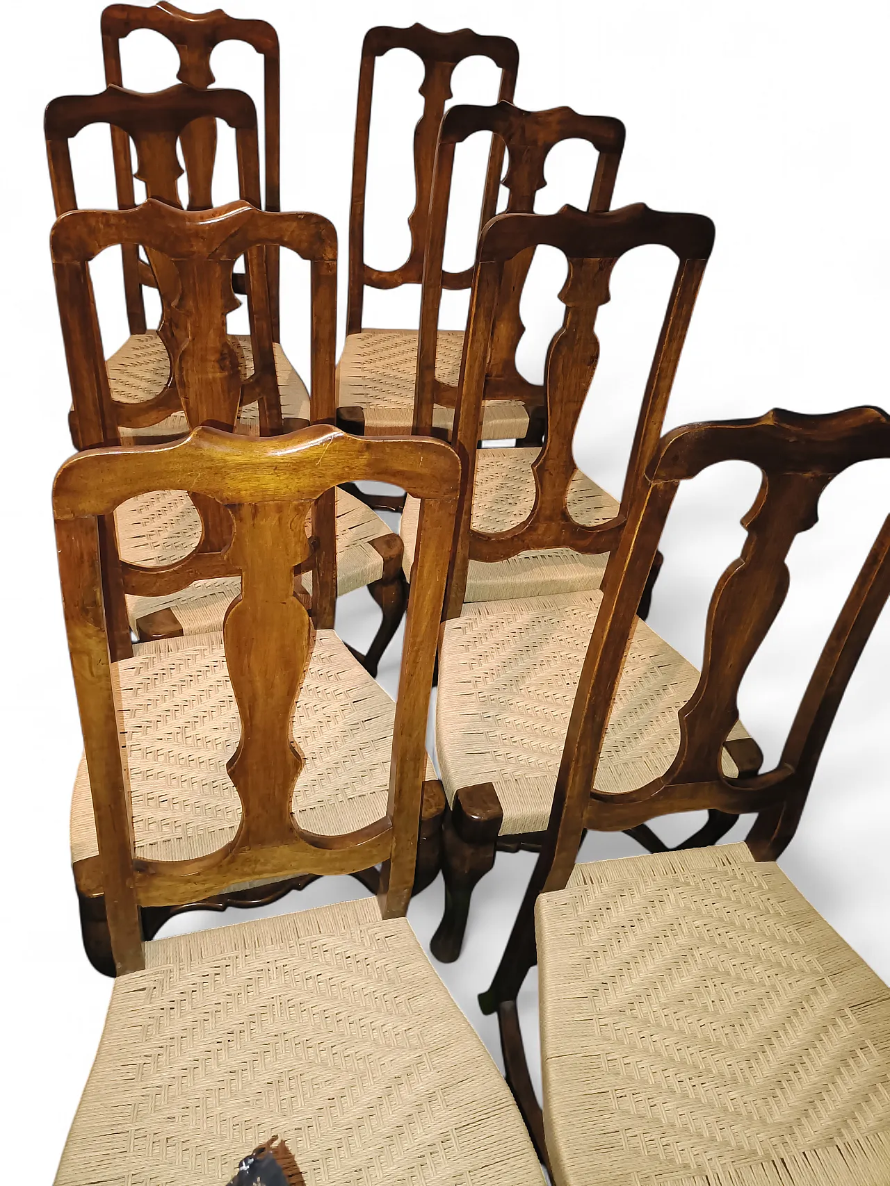 8 Carved Walnut Dining Chair Set with Straw Seats, 50s 8