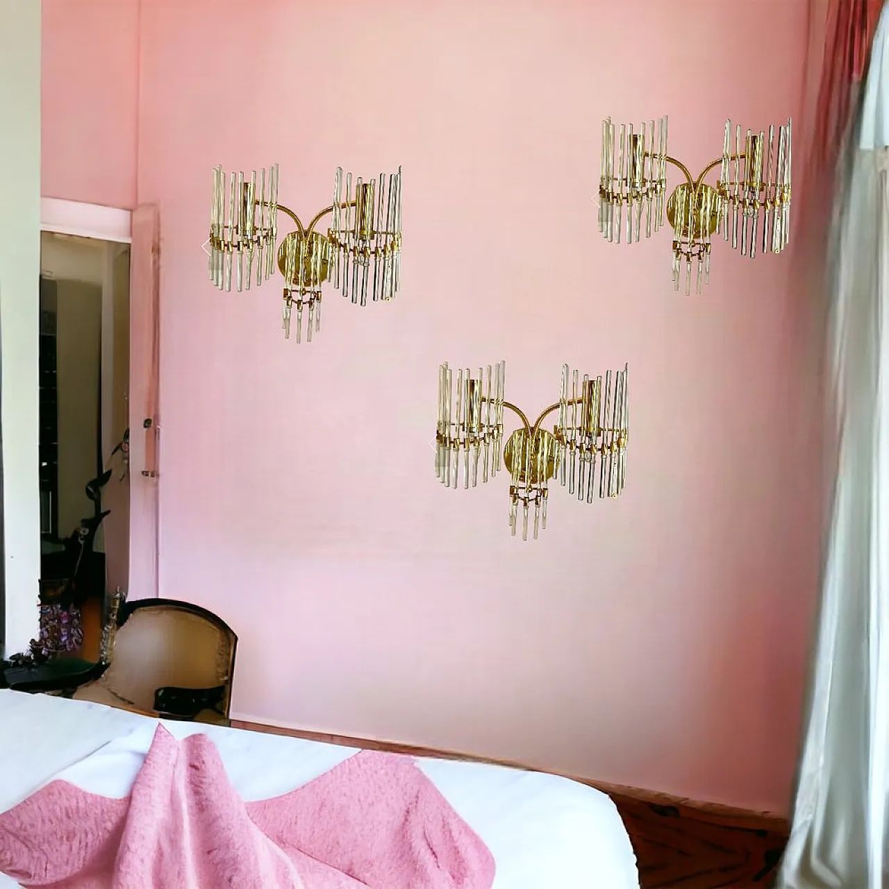 3 Cane and brass Murano glass sconces, 1970s 3