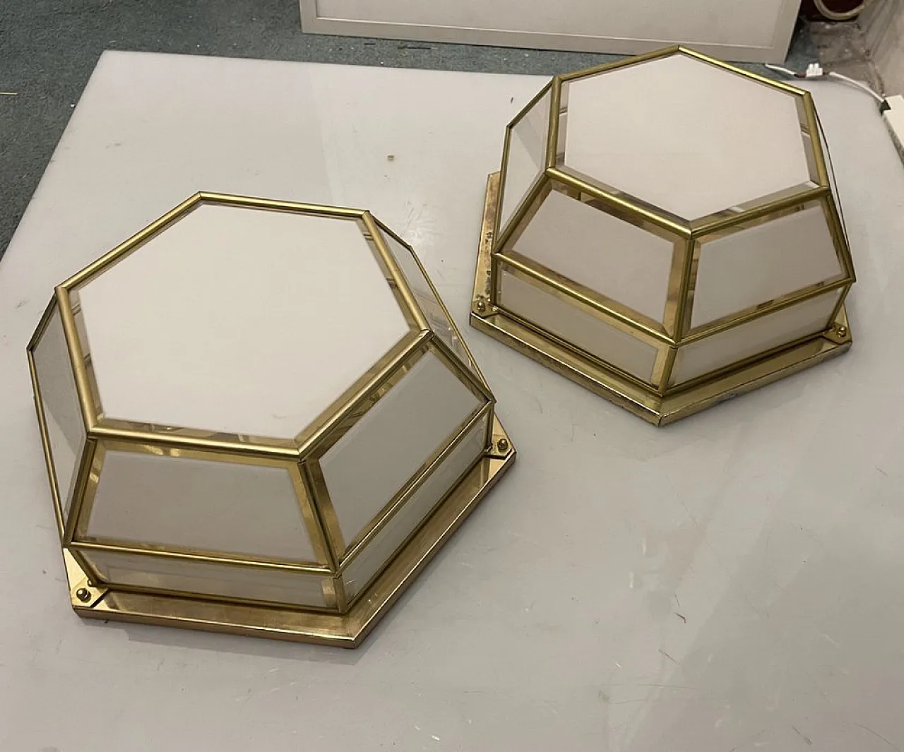 Pair of Hexagonal brass sconces, 1980s 1