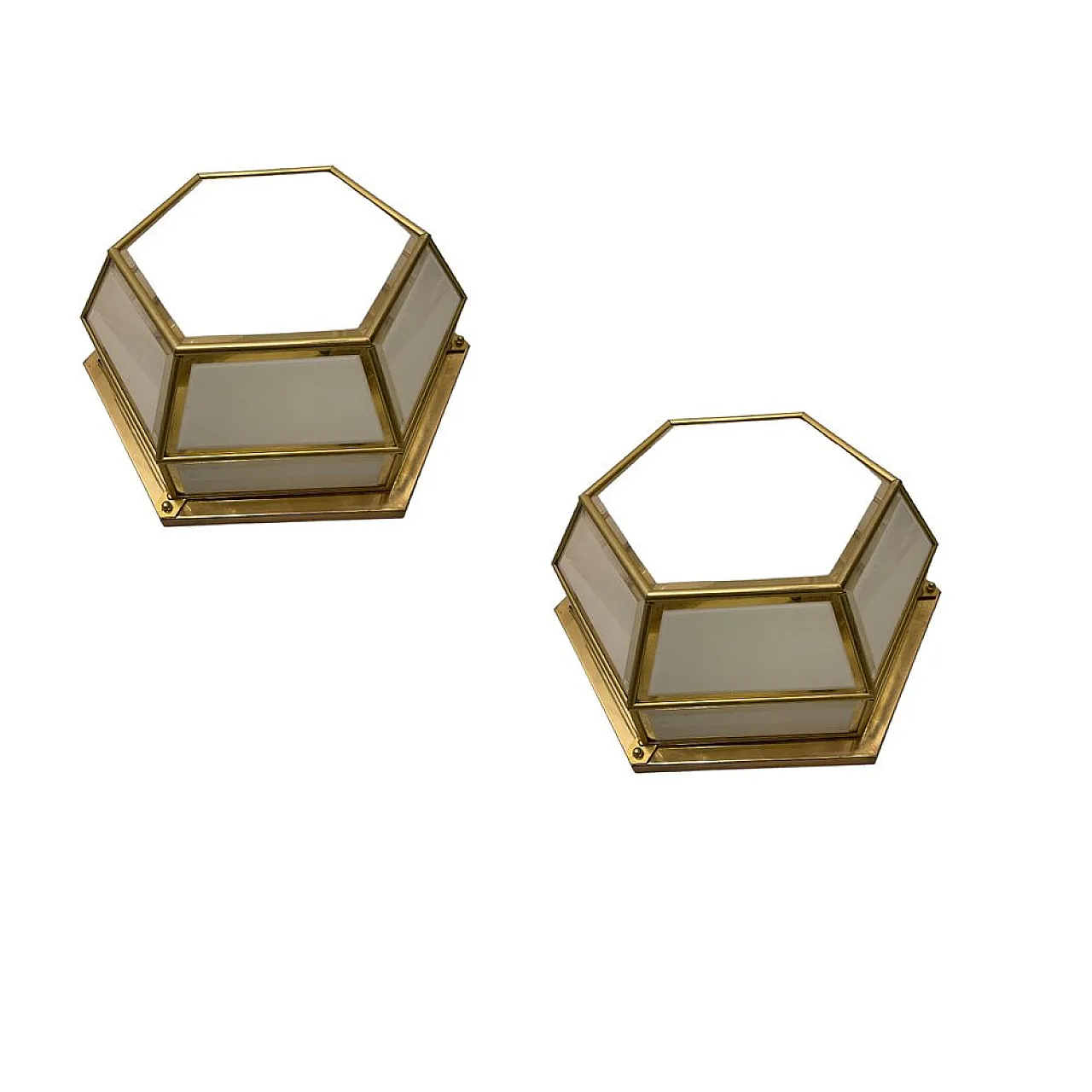 Pair of Hexagonal brass sconces, 1980s 3