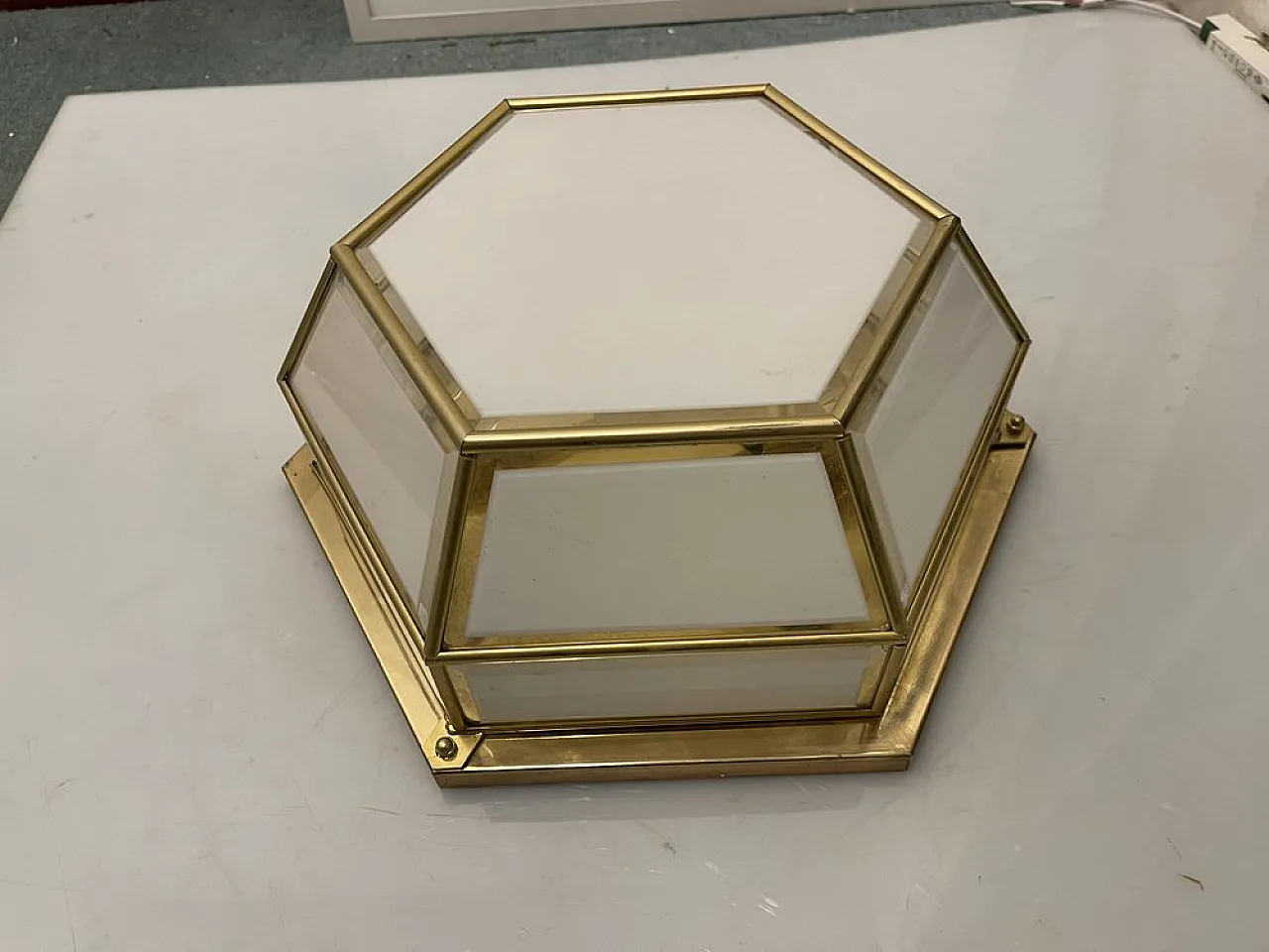 Pair of Hexagonal brass sconces, 1980s 4