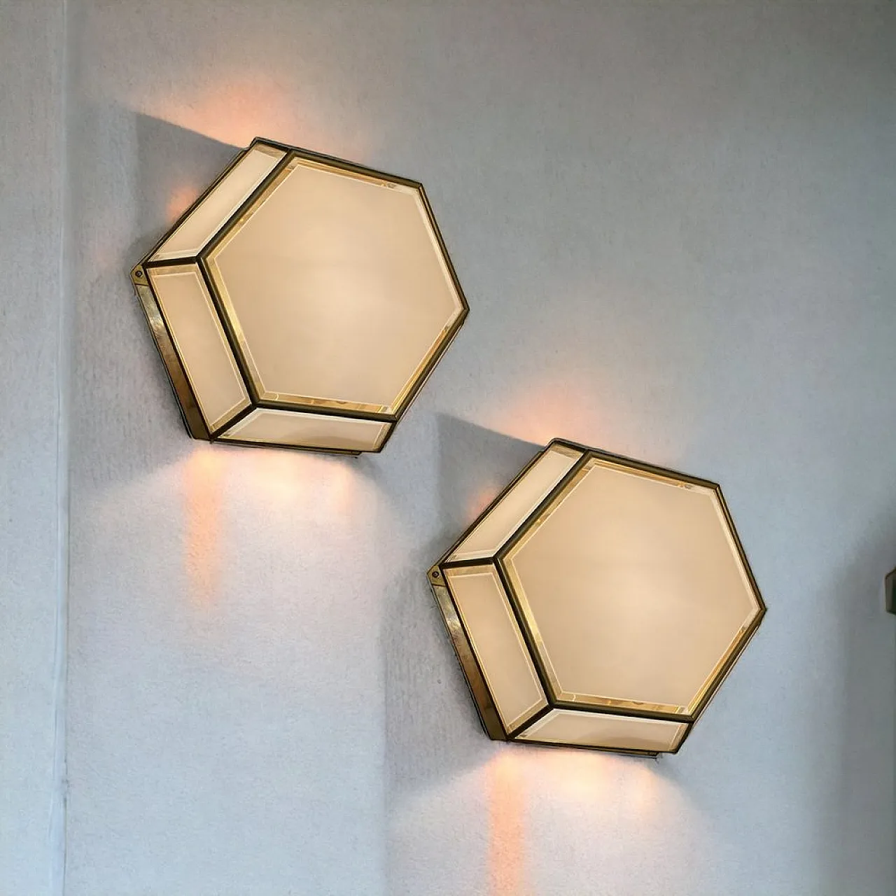 Pair of Hexagonal brass sconces, 1980s 6