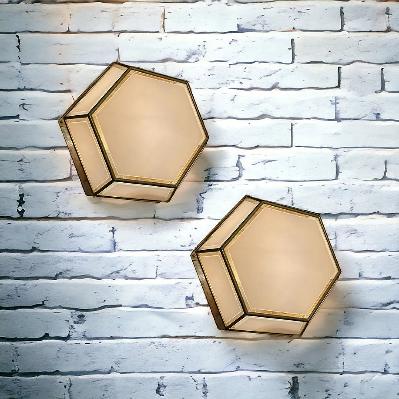Pair of Hexagonal brass sconces, 1980s 10