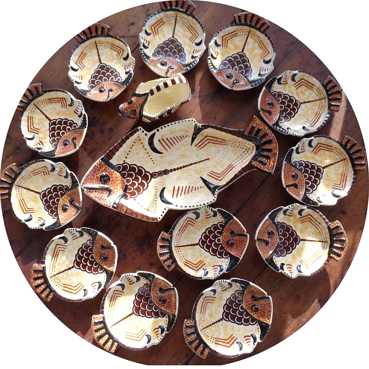 French Mid-Century Earthenware Barbotine Fish Dinner set, 50s 1