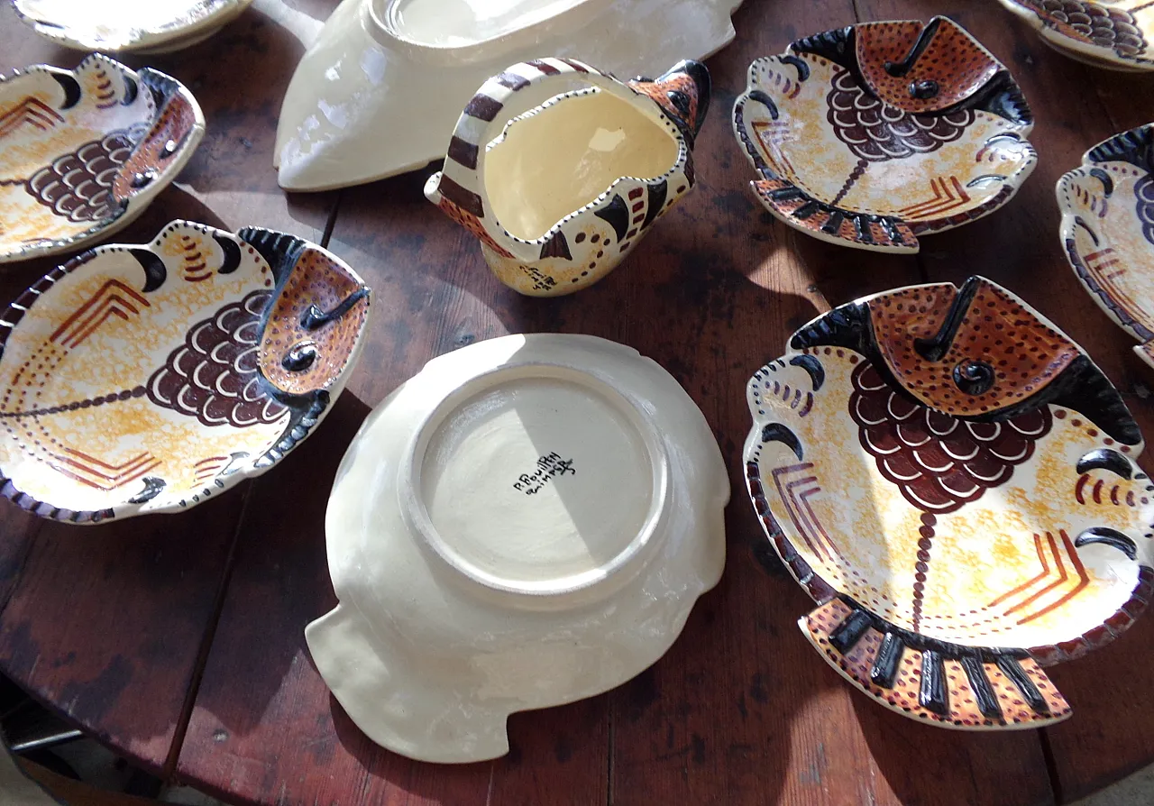 French Mid-Century Earthenware Barbotine Fish Dinner set, 50s 2