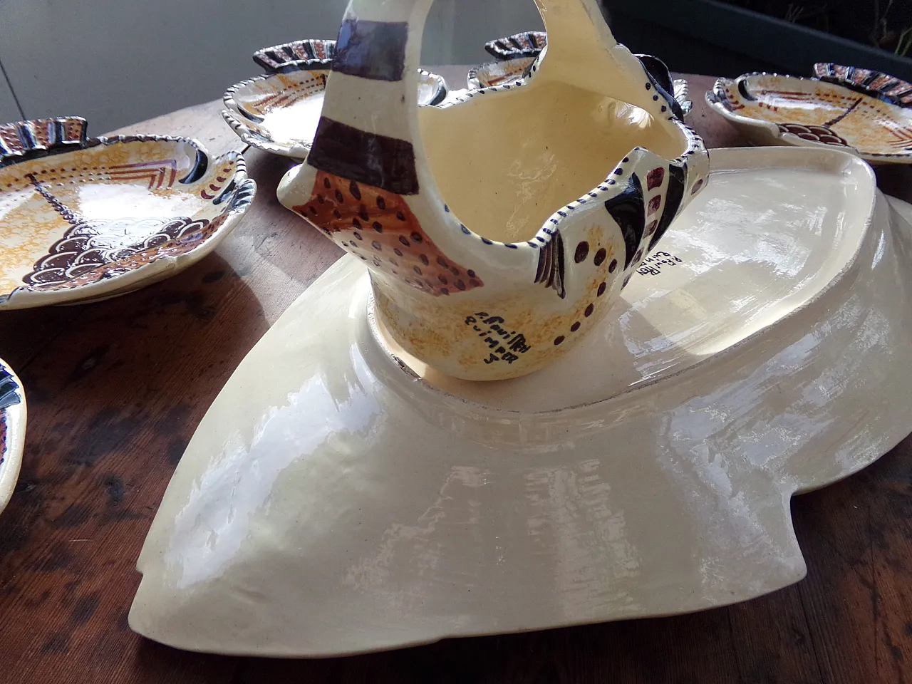 French Mid-Century Earthenware Barbotine Fish Dinner set, 50s 3