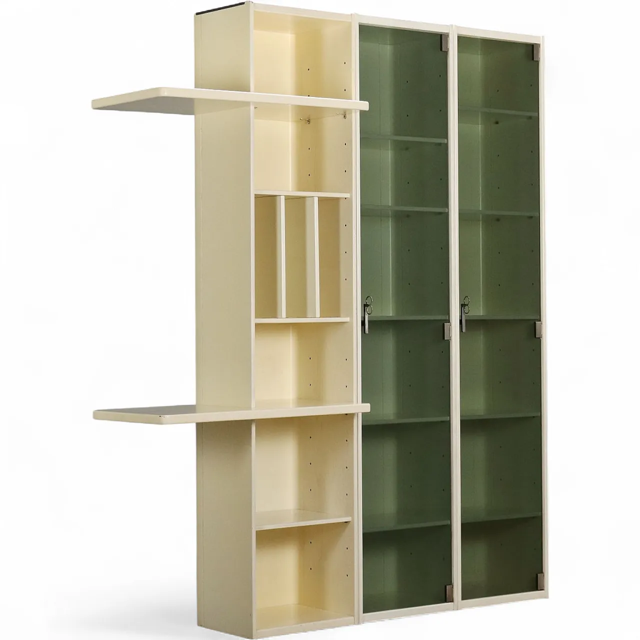 Libreria in legno impiallacciato laccato e vetro, '900 11