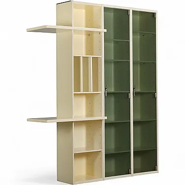 Libreria in legno impiallacciato laccato e vetro, '900