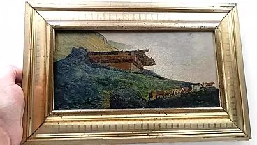 Paesaggio montano con baita e gregge, olio su cartoncino, '800