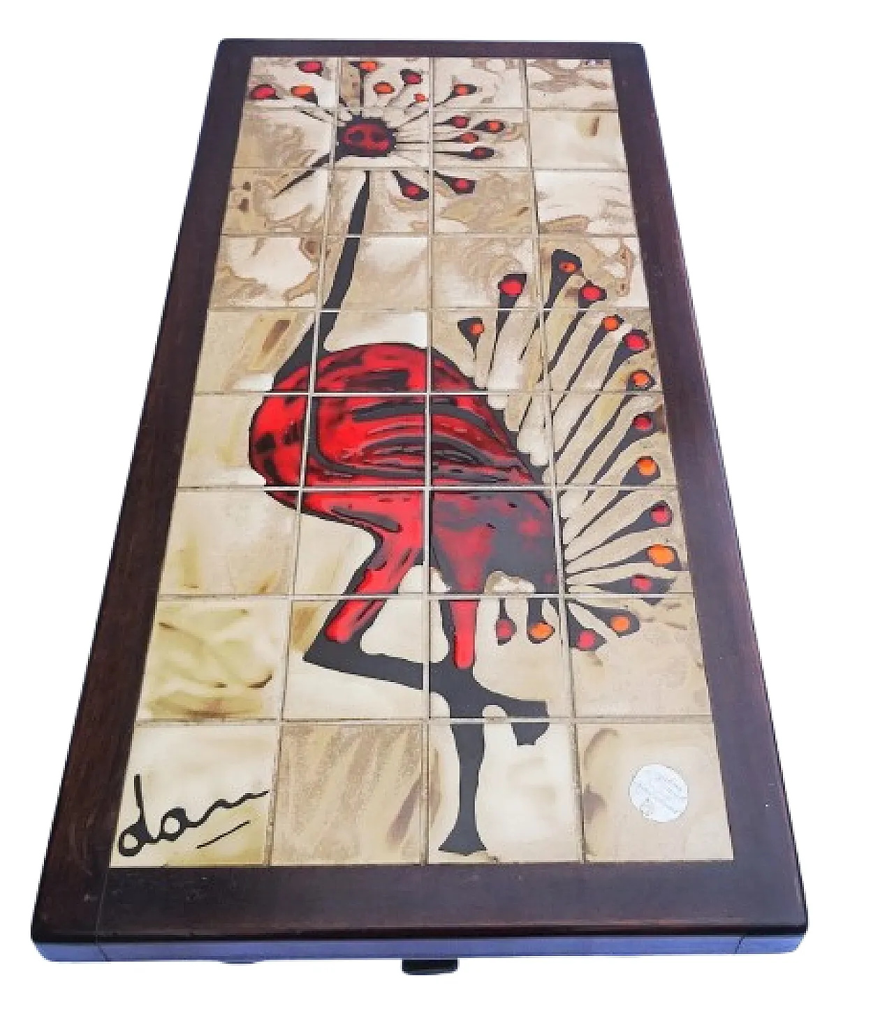 Coffee table with Gray Crowned Crane Motif signed Dan, 50s 1