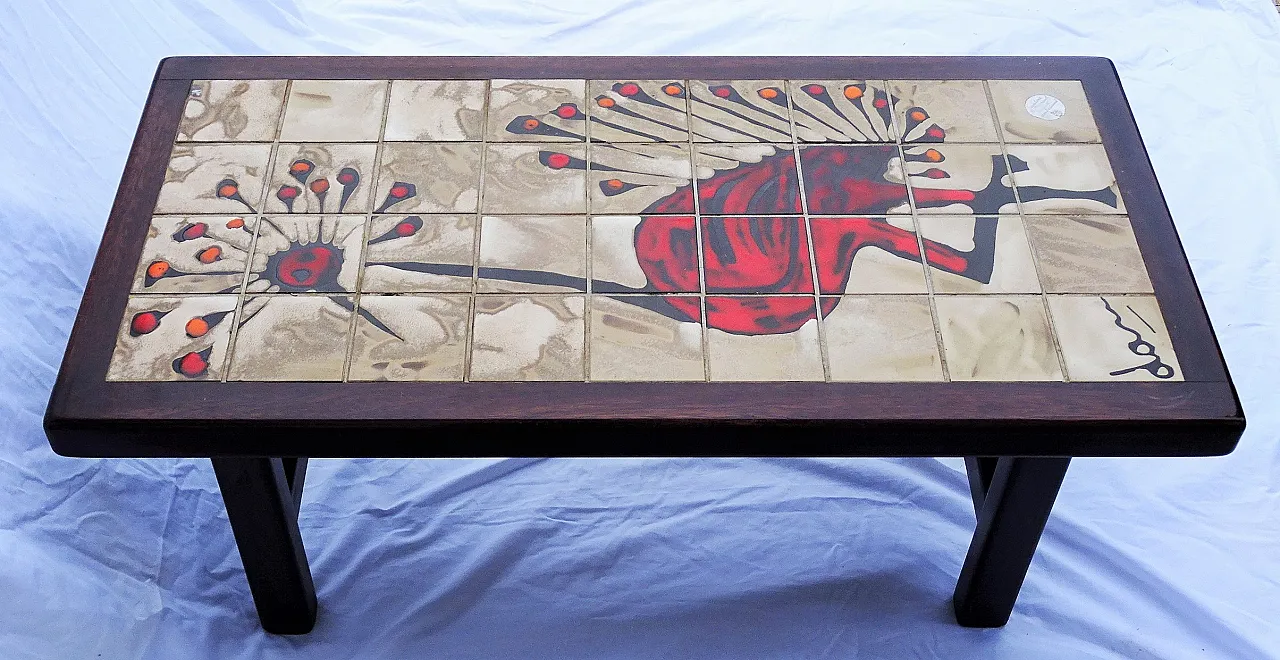 Coffee table with Gray Crowned Crane Motif signed Dan, 50s 2