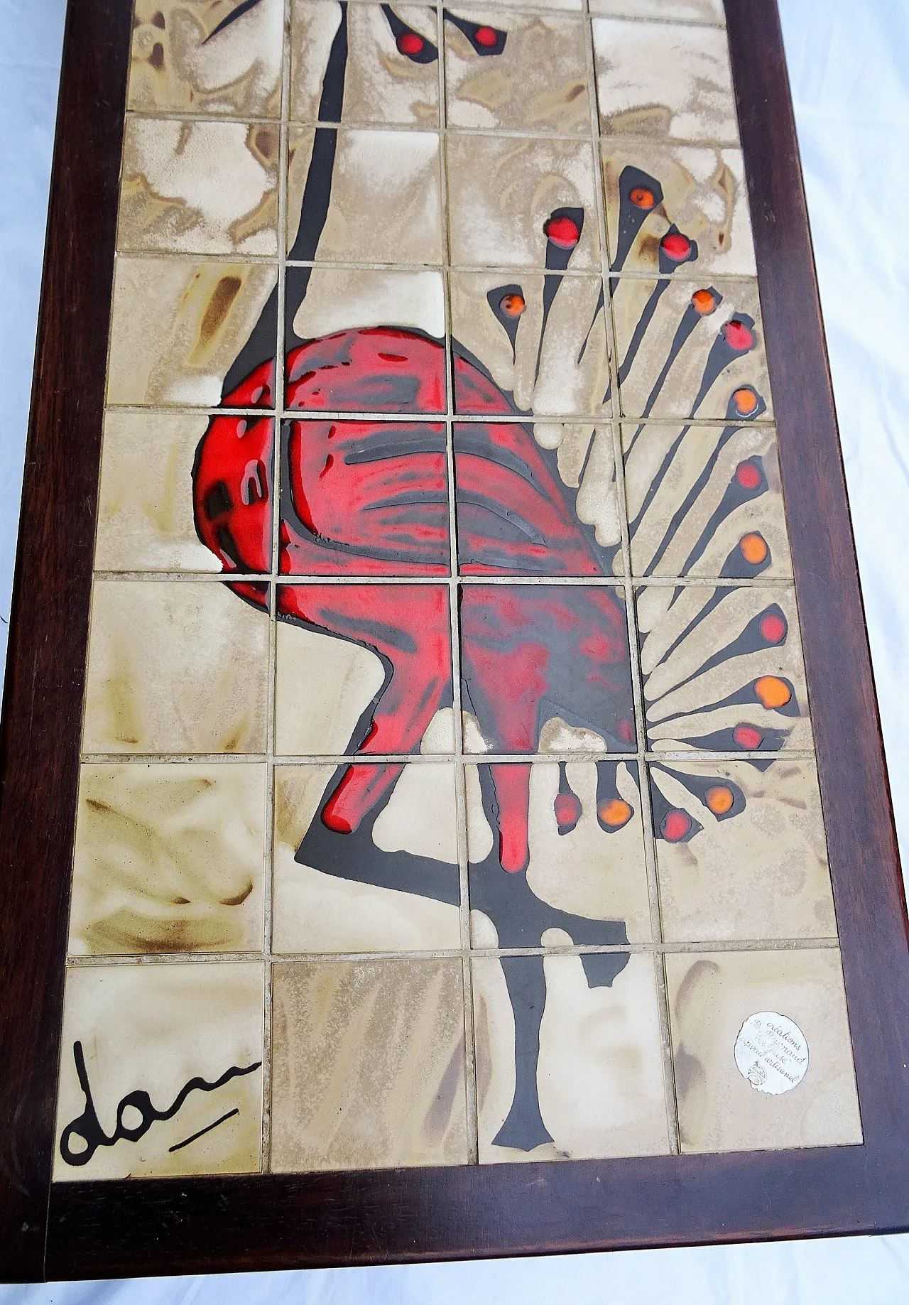 Coffee table with Gray Crowned Crane Motif signed Dan, 50s 3
