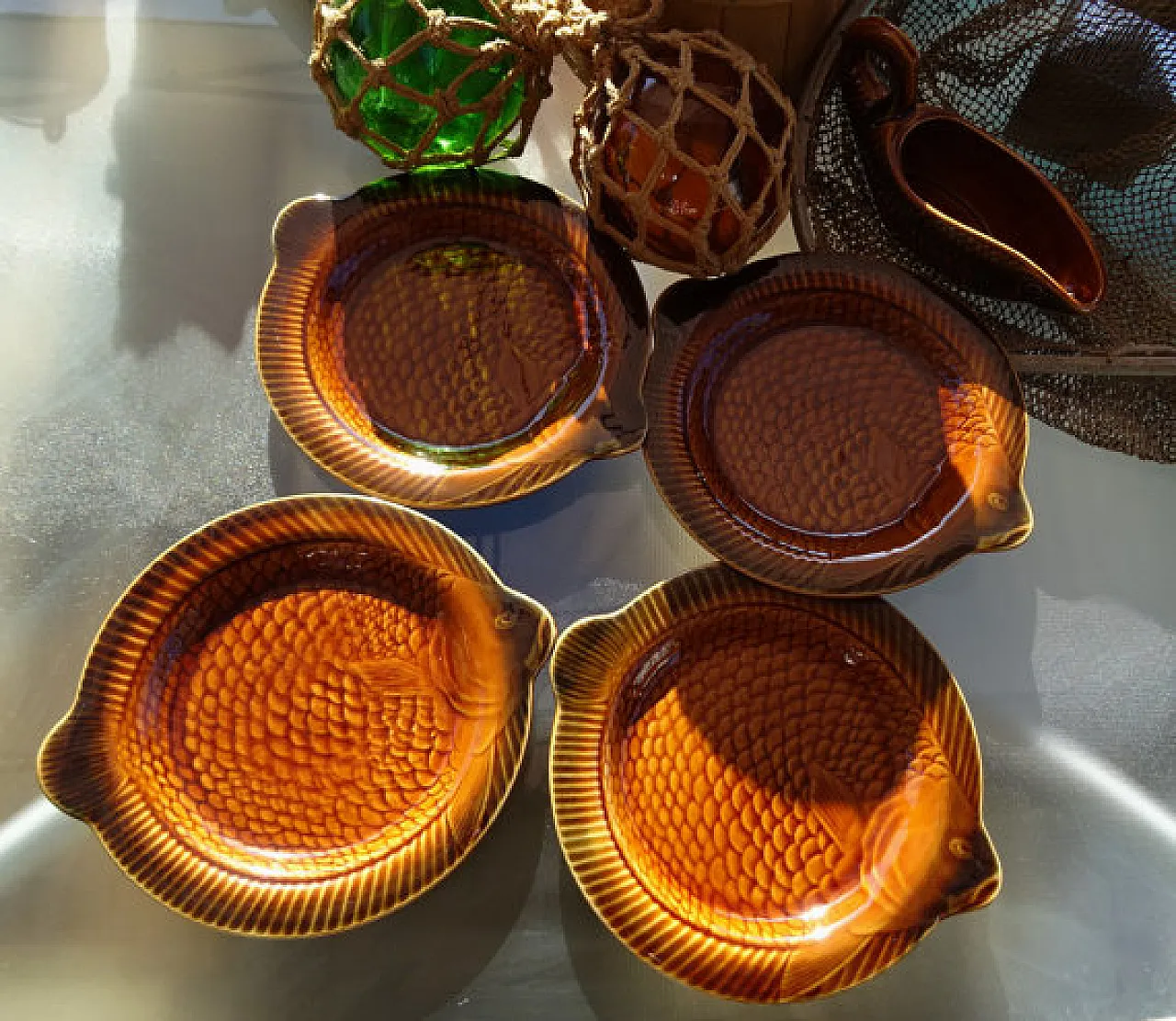 Mid-Century Majolica Brown Fish Set of 4 Plates by Sarreguemines, 50s 1