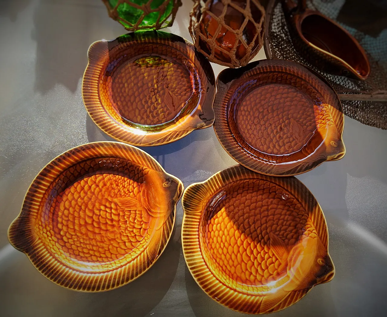 Mid-Century Majolica Brown Fish Set of 4 Plates by Sarreguemines, 50s 3