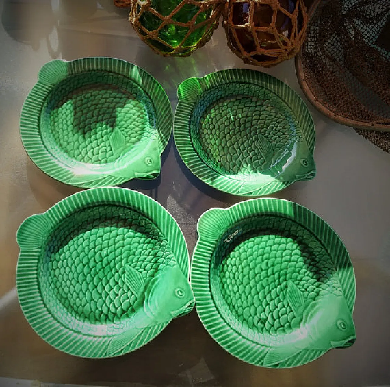 Green fish-shaped serving plates by Sarreguemines, 50s 1