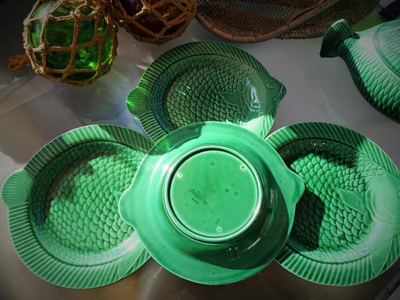 Green fish-shaped serving plates by Sarreguemines, 50s 2