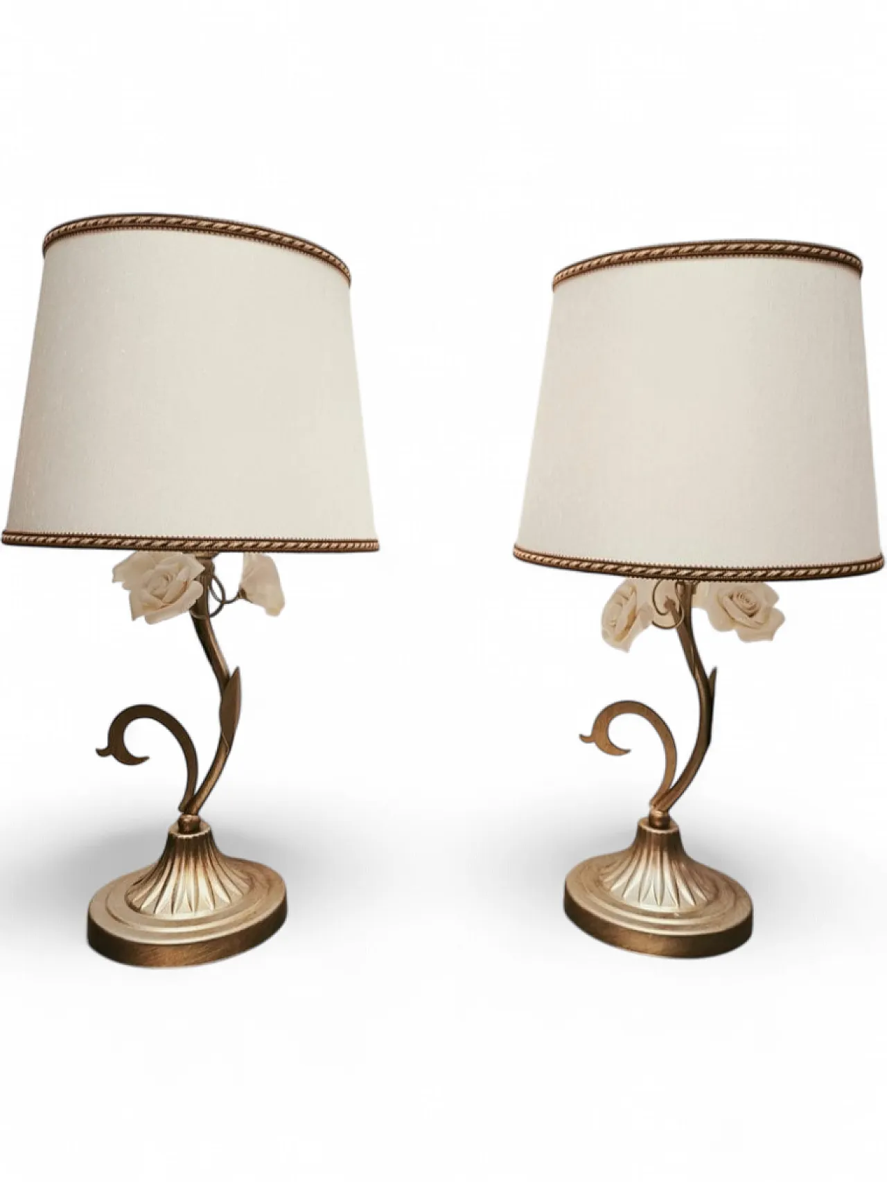 Pair of lamps with ceramic roses and fabric lampshades, 1980s 12