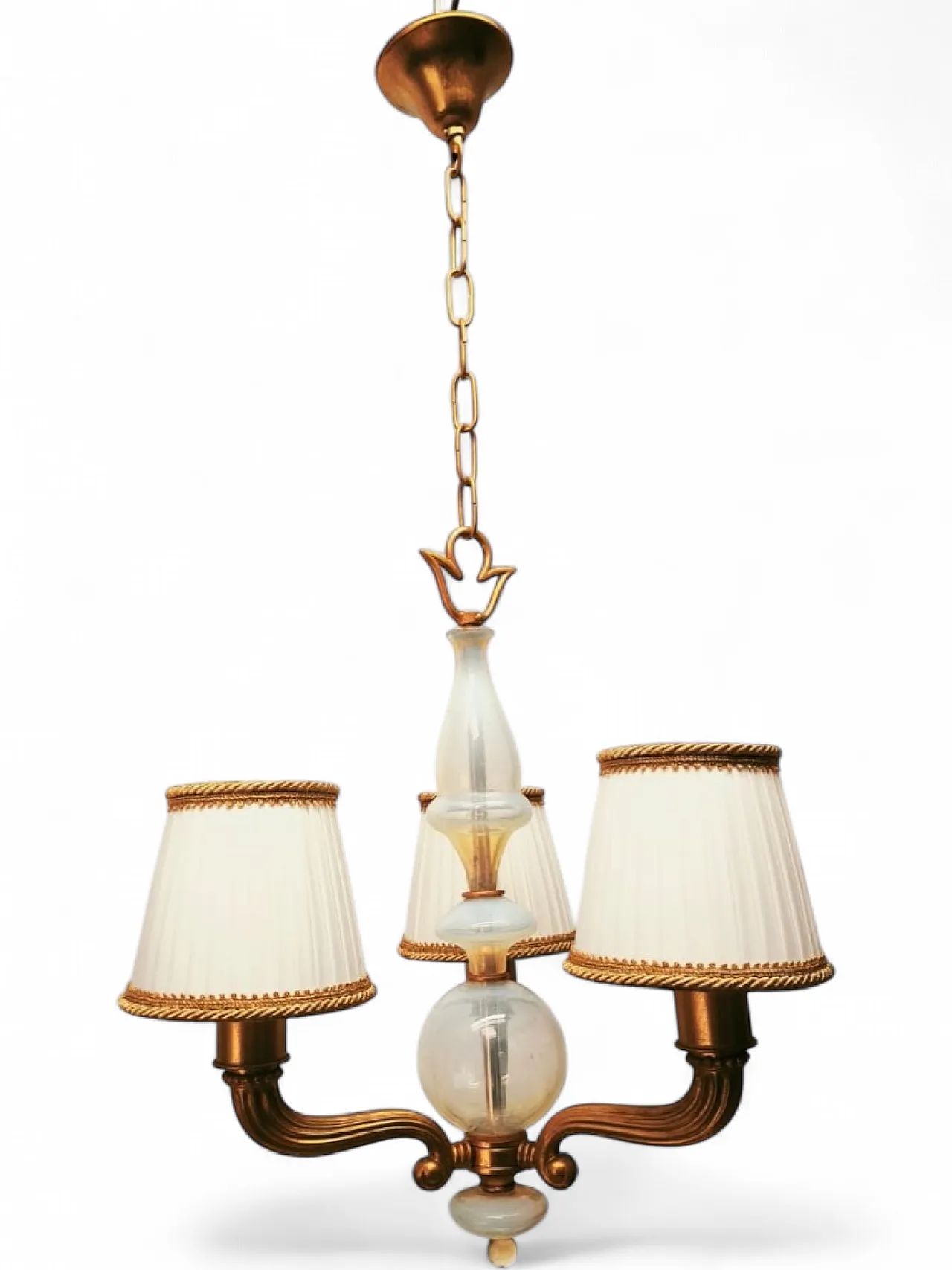 Brass and Murano glass chandelier with silk lampshades, 1950s 21