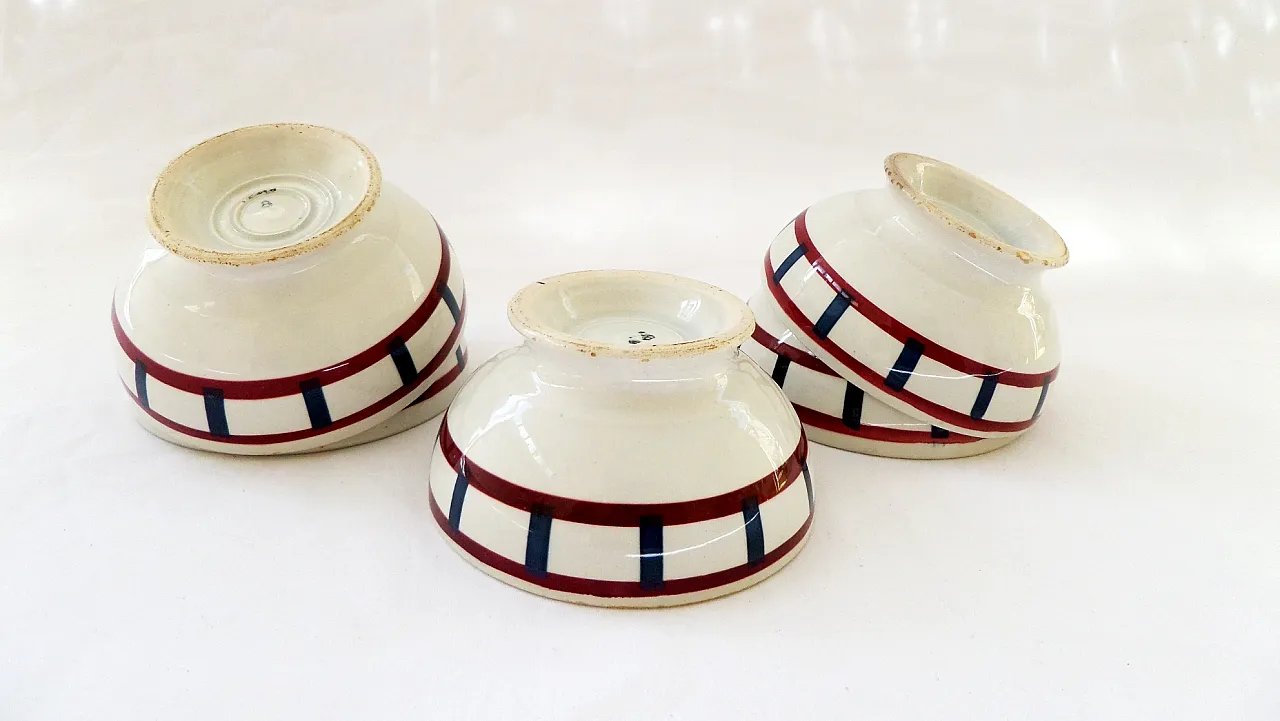 5 footed café au lait bowls from Badonviller pottery, 50s 2