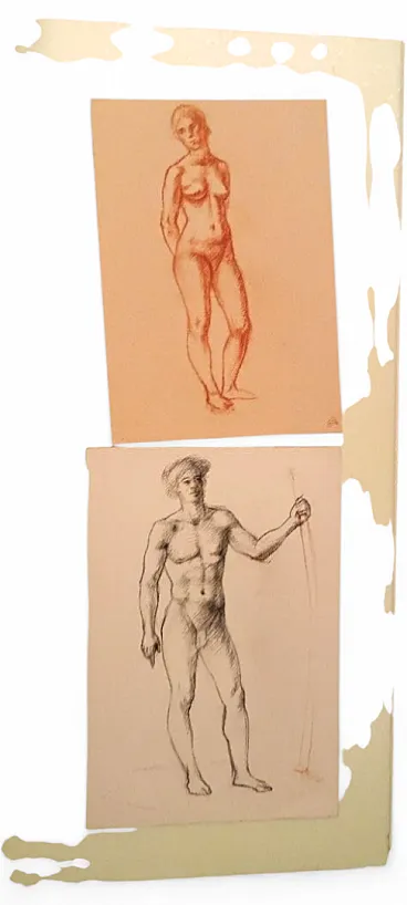 Male and female nudes, pencil drawings, mid-20th century