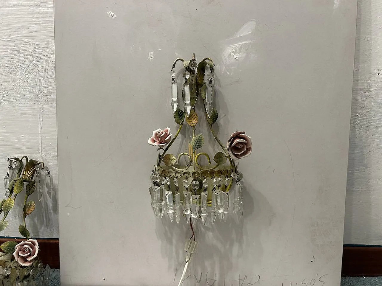 Pair of Tole Ceramic Crystal Flower Wall Light, 70s 4