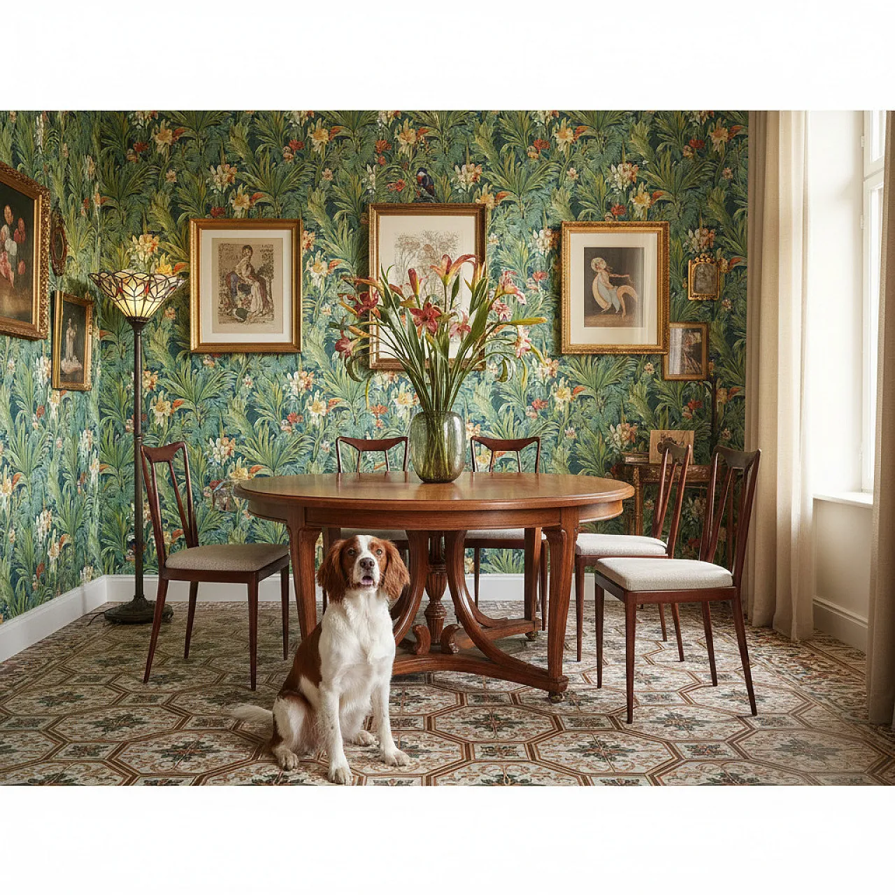 6 Sedie da pranzo in mogano e sedile in schiuma e tessuto, '900 2