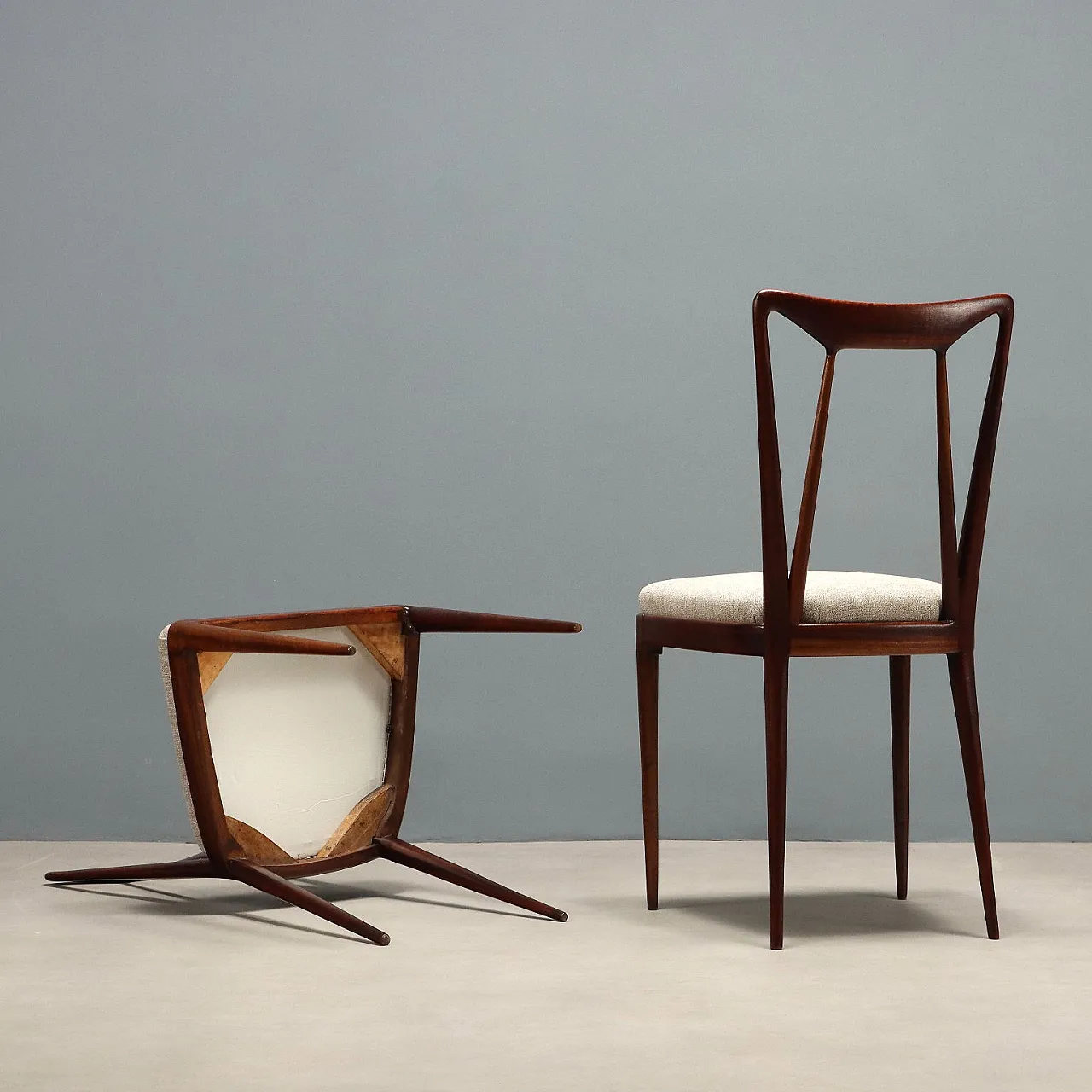 6 Sedie da pranzo in mogano e sedile in schiuma e tessuto, '900 8