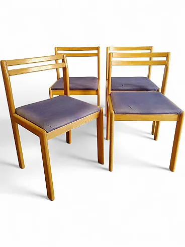 Set of 4 Vintage Danish Birch Chairs with Two Backrest and Blue Seat |