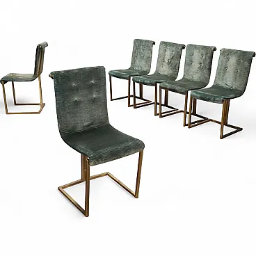 6 Sedie in metallo ottonato, espanso e tessuto, '900