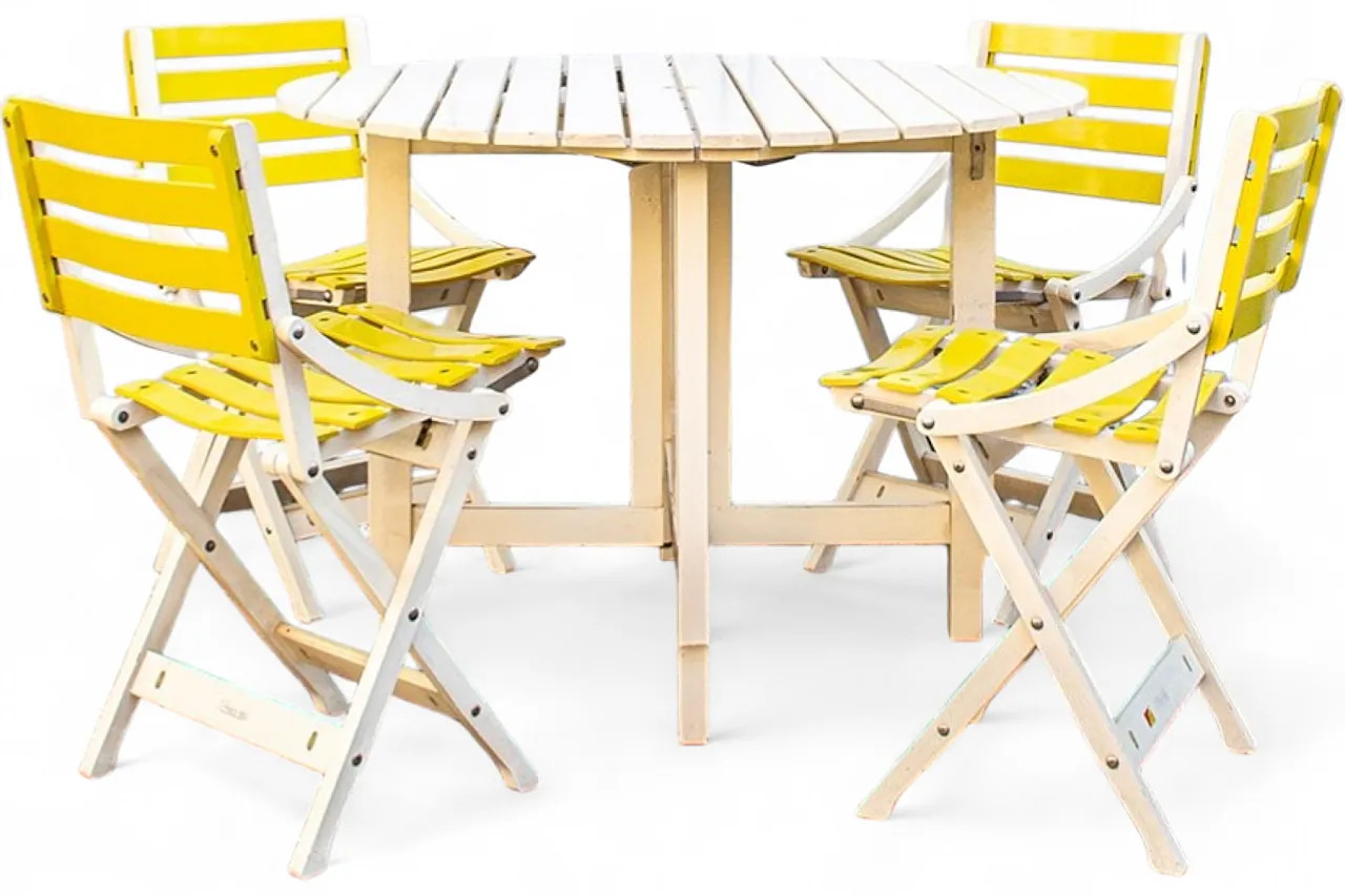 Tavolo da giardino Reguitti pieghevole in legno con sedie, anni '70 9