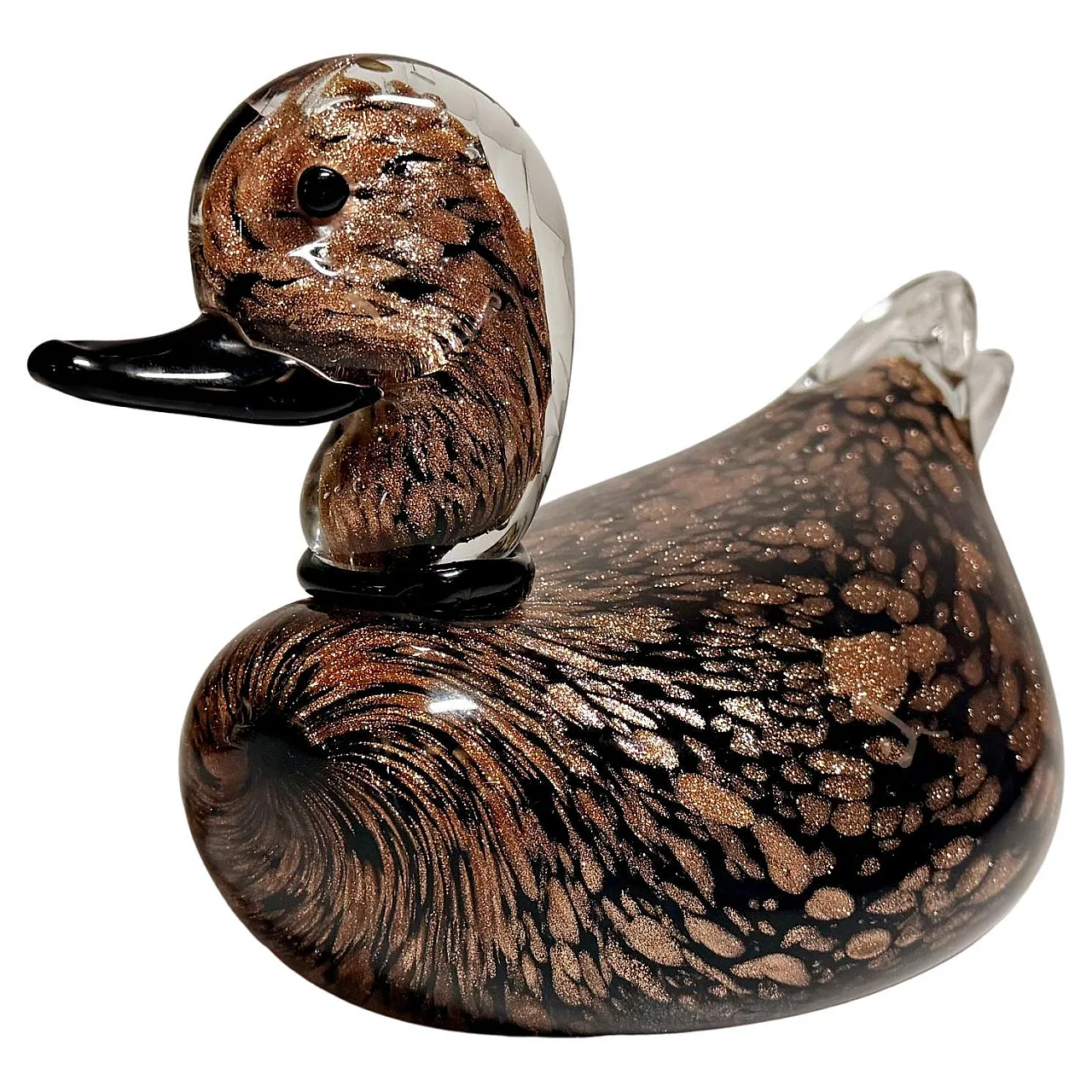 Seguso Black Murano Glass Duck Sculpture with Avventurine, 1970s 1