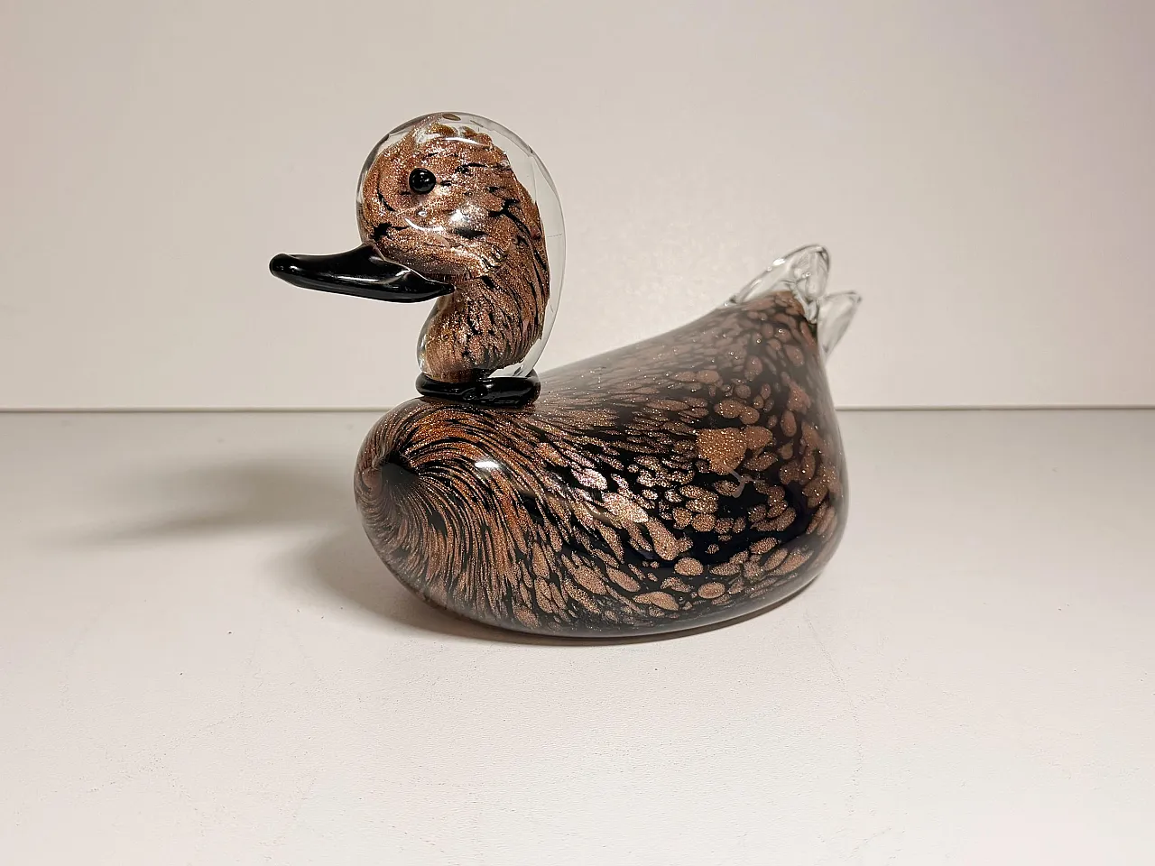 Seguso Black Murano Glass Duck Sculpture with Avventurine, 1970s 2