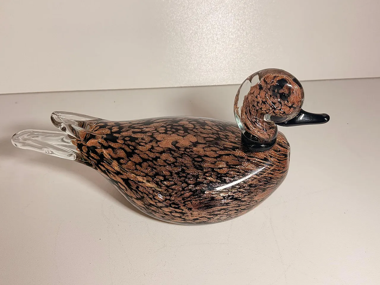 Seguso Black Murano Glass Duck Sculpture with Avventurine, 1970s 4