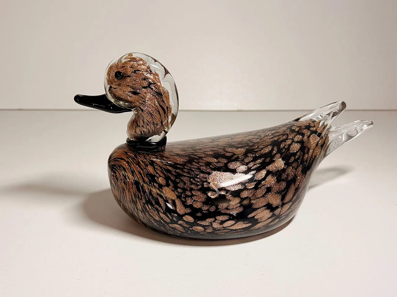 Seguso Black Murano Glass Duck Sculpture with Avventurine, 1970s 7