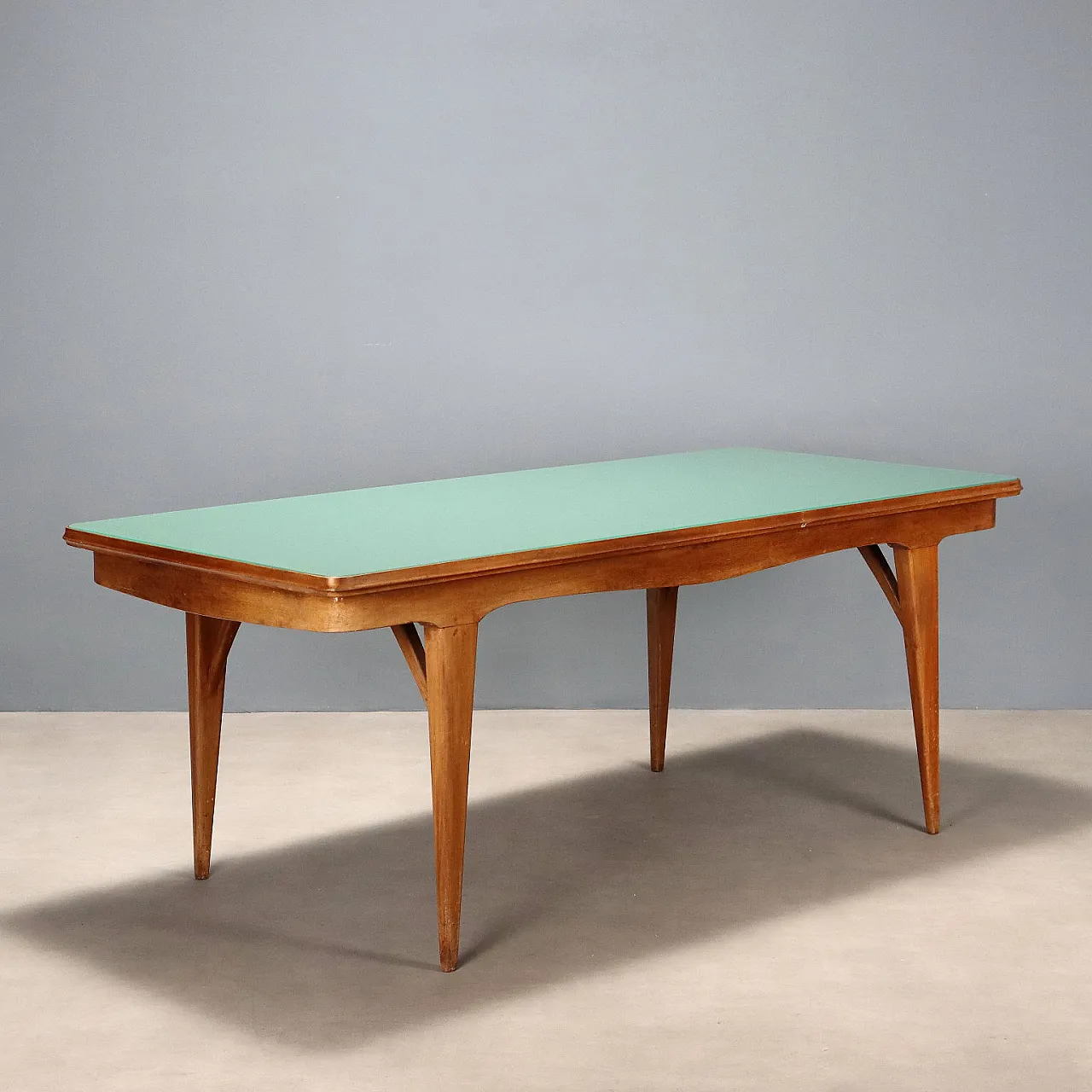 Tavolo in faggio tinto, piano in legno e piano in vetro, '900 1