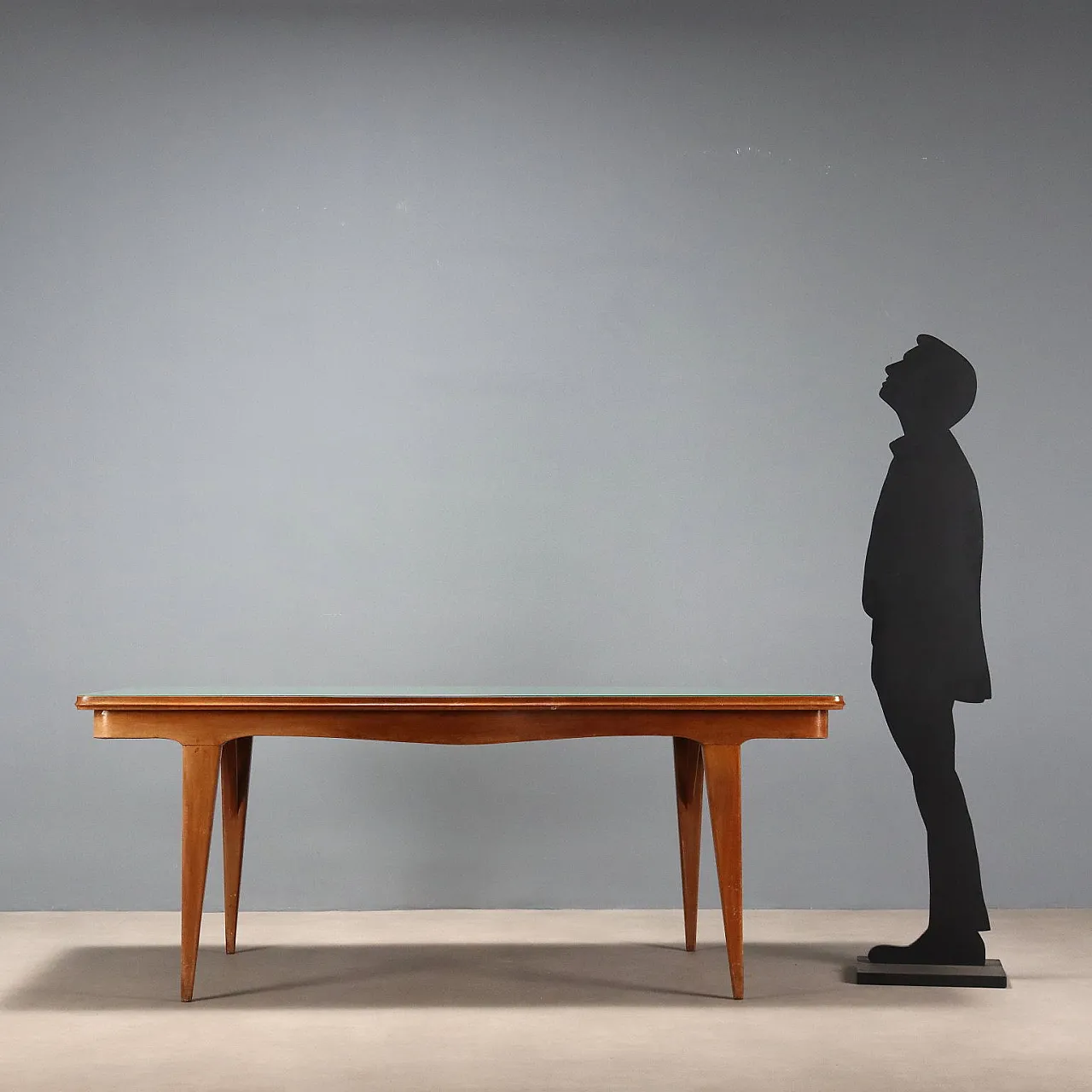 Tavolo in faggio tinto, piano in legno e piano in vetro, '900 3