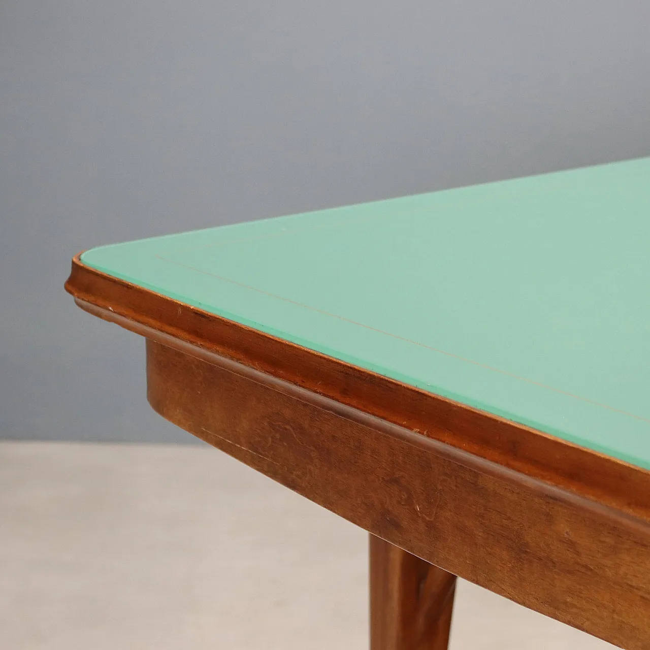 Tavolo in faggio tinto, piano in legno e piano in vetro, '900 5