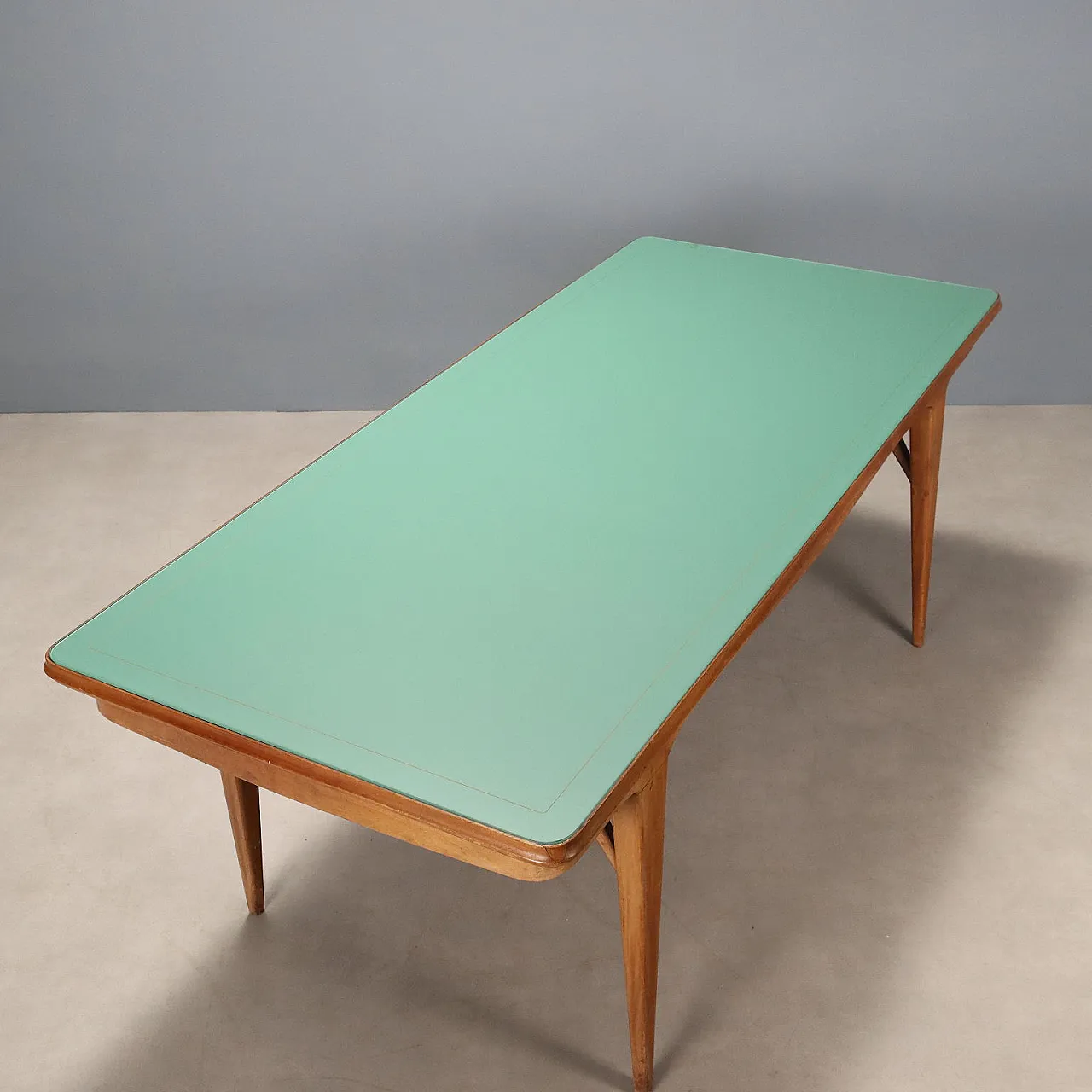 Tavolo in faggio tinto, piano in legno e piano in vetro, '900 7